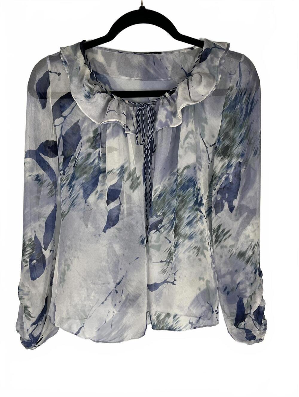 Elie Tahari Silk Watercolor Blouse Ruffle Neck Sheer Blue Ethereal Coquette S